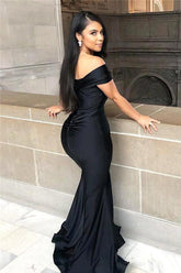 Black Off-the-shoulder Floor-length Backless Mermaid Prom Evening Dresses